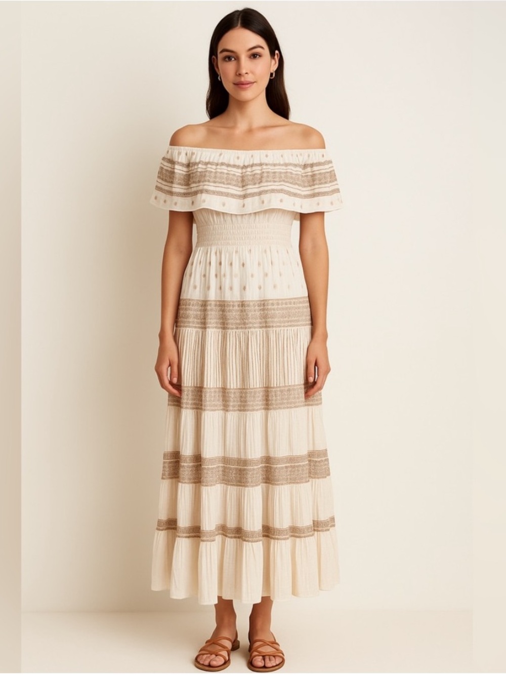 On / Off-Shoulder Cream / Ivory / Gold Maxi Dress with Crochet Panels/ Tiers, M